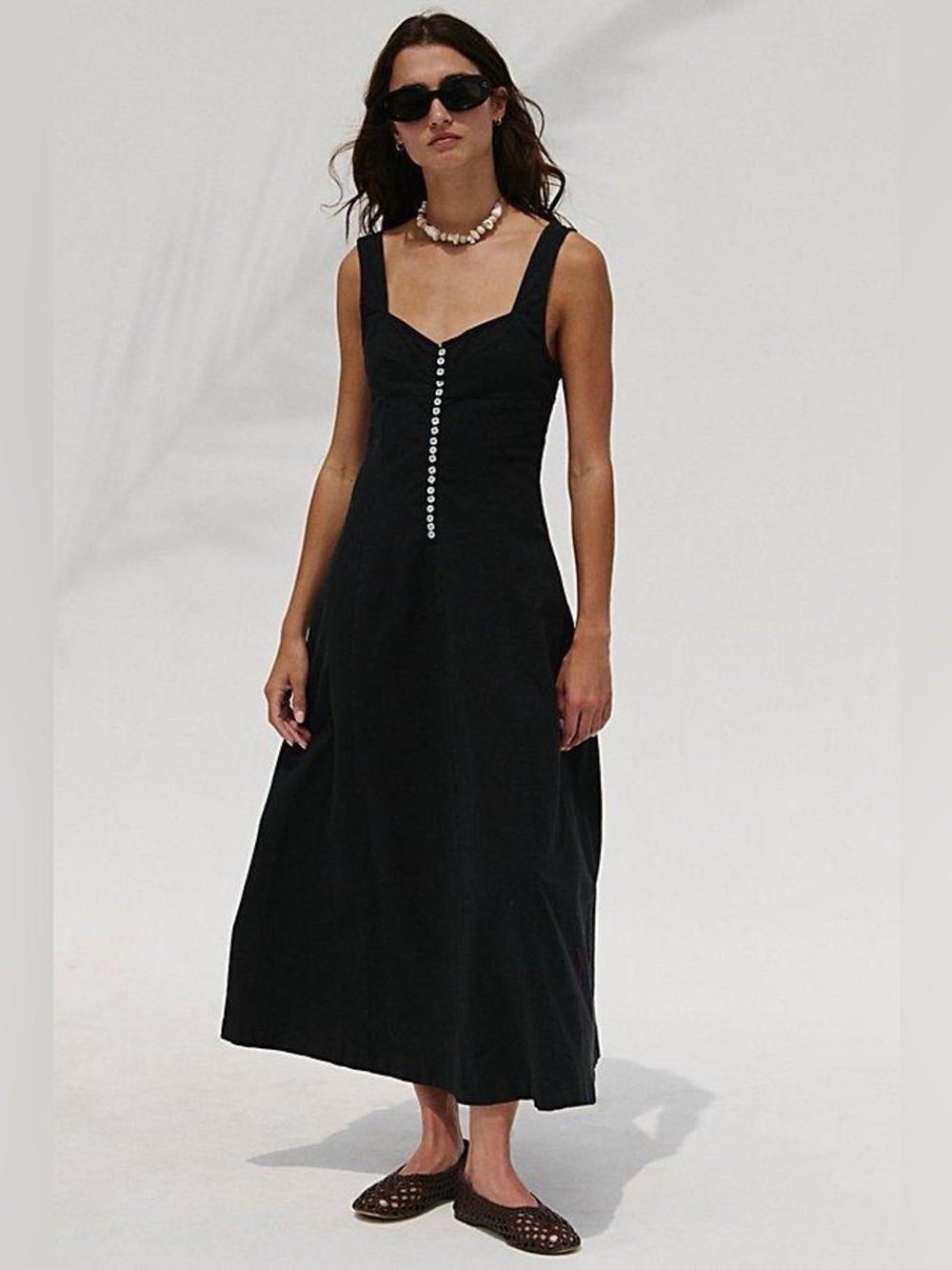 Free People free-est Holland stretch linen square-neck button-front Midi